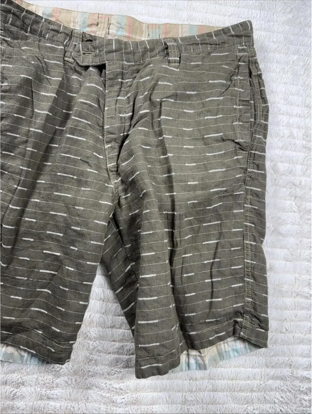 Tommy Bahama Shorts Mens‎ 32x9” Beige Plaid Reversible Green 100% Linen Summer
